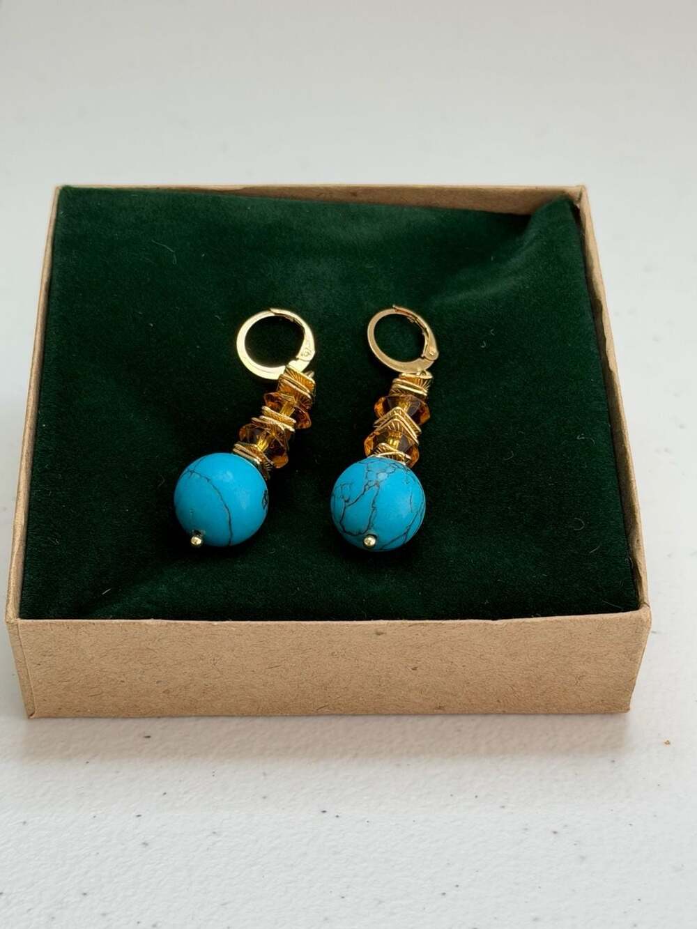Handmade by Fynn Gold-Tone Turquoise Howlite and Amber Crystal Dangle Earrings - Picture 5 of 6